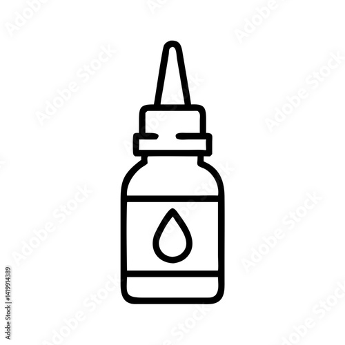 black outline icon of nasal spray or medicine dropper bottle with liquid drop symbol, minimal pharmacy or healthcare concept, white background