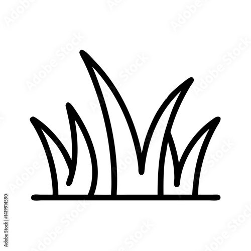 black outline icon of grass blades on ground, minimal natural symbol for gardening, lawn care, eco or landscape design, white background