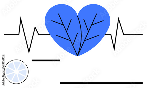 Blue heart with vein patterns, heartbeat line, small circular element. Ideal for healthcare, wellness, medicine, cardiology, vitality, technology diagnostics flat simple metaphor