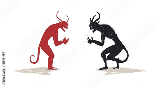 This graphic is a minimalist vector illustration of two demonic figures, outlined against a white background. A red devil and a black devil, presented in dynamic style.