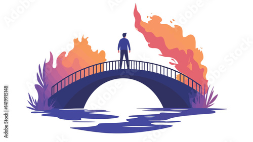 This illustration shows a stylized silhouette of a man standing on an arched bridge. The color of the bridge fades from dark purple to a lighter color.