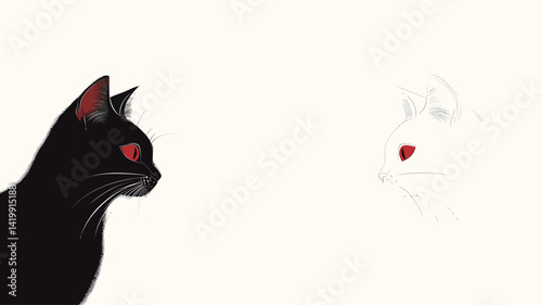 A digital illustration shows two stylized felines in profile, one on each side of a plain white background. On the left is a pure black cat with deep red eyes.