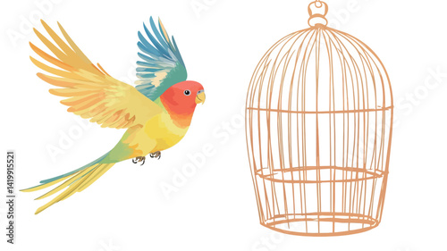 A digital watercolor painting depicts a vibrant yellow and blue lovebird flying through the air with wings spread and full of movement. The bird's feathers are rendered in a soft blend of tones.