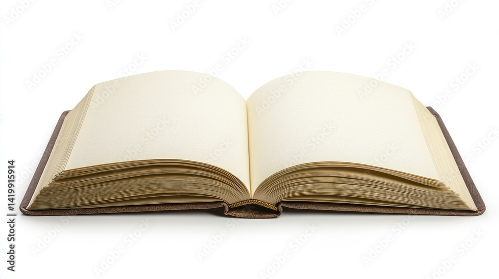 Open Book on White Background: Blank Pages, Brown Cover, Ready for Stories Open Book on White Background: Blank Pages, Brown Cover, Ready for Stories