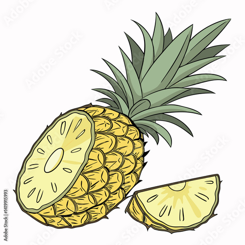 A ripe, yellow ananas with sweet slices and green leaves, a tropical fruit isolated on a fresh white background