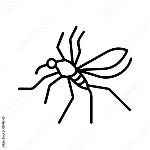 Minimalist outline icon of mosquito insect with long legs and wings, black line vector illustration of biting bug isolated on white background