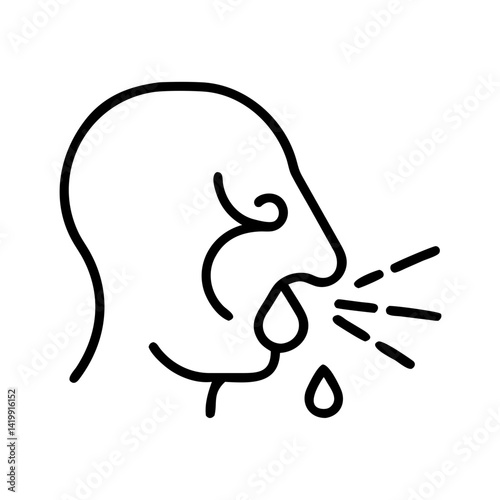Minimalist outline icon of person sneezing with nasal discharge and droplets, black line allergy or illness symptom vector on white background