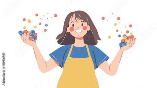 One digital illustration shows a young woman with shoulder-length brown hair wearing a yellow apron over a blue shirt, with a wide smile and a slightly upturned eye.
