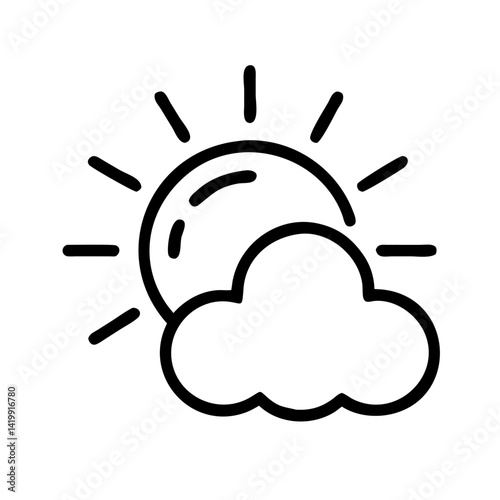 Minimalist outline icon of sun partly covered by cloud with sun rays, black line weather forecast vector illustration on white background