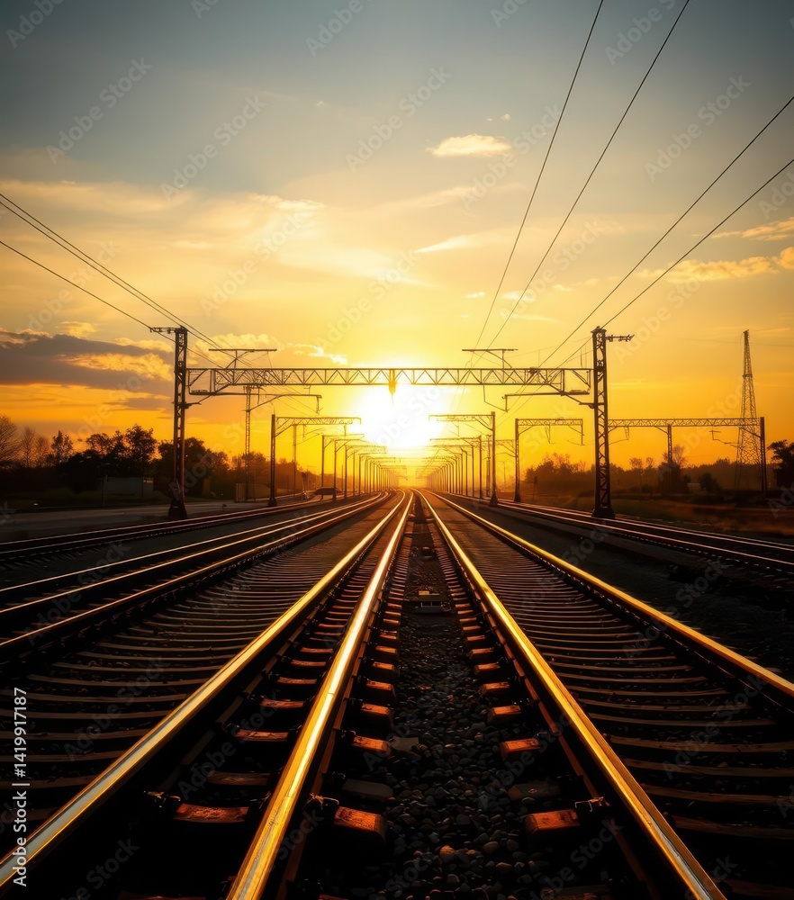 Golden hour sunset casts long shadows across railway tracks, sleepers and rails gleam, view, evening Golden hour sunset casts long shadows across railway tracks, sleepers and rails gleam, view, evening