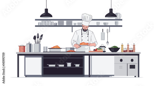 This image features a stylized vector illustration of a male chef in a crisp white chef's uniform and skullcap meticulously preparing food in a stylish, minimalist kitchen setting.