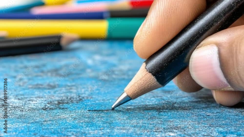 Close-Up of Hand Holding Pencil Drawing on Paper Surface with Colorful Background and Art Supplies in View