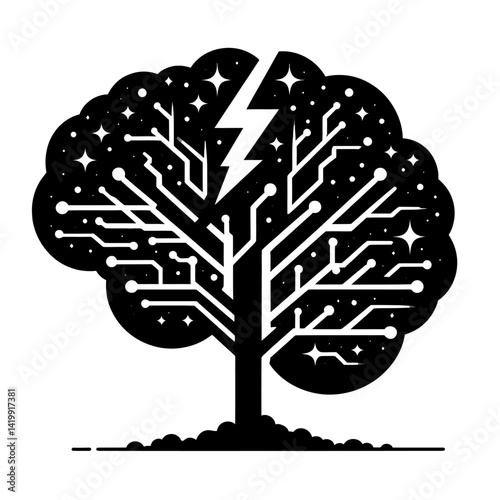 Black silhouette vector of a brain made of a tree and lightning bolts, smart logo concept on white background