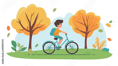 digitally rendered vector illustration of a young boy riding a turquoise bicycle along a park path. The scene is set in autumn and features two stylized trees painted a vibrant yellow.