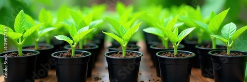 Vibrant green tomato seedlings in black plastic pots, ready for garden , greenhouse, nursery, ready to plant