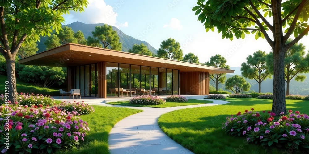 Fototapeta premium Modern Pavilion Retreat Serene Landscape Design with Expansive Glass Walls and Meandering Pathways, Showcasing Vibrant Blossoms and Lush Greenery