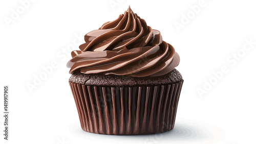 A close up of a chocolate cupcake against a pure white background. The cupcake is in a classic paper cup that sets off the dark brown chocolate base. A generous swirl.