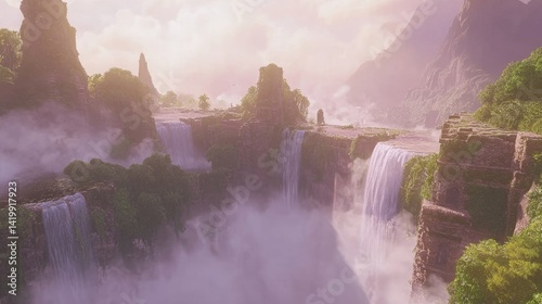 A distant waterfall cascading down into a mist-filled valley, surrounded by dense jungle.