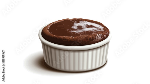 This high angle close up studio photograph shows a single serving of chocolate molten lava cake served in a fluted white ceramic ramekin. The cake has a dark, smooth chocolate color.