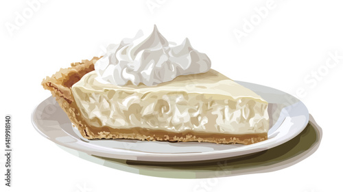Close-up shot of a slice of cream pie, shot from a high angle, on a white plate with a pure white background. The pie filling is pale yellow, creamy and has a fine and varied texture.