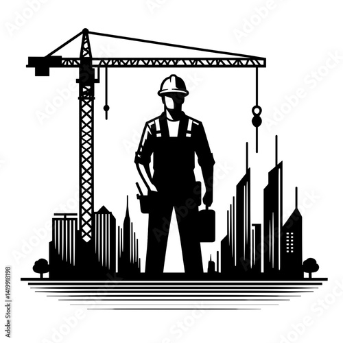 Construction worker standing confidently against a city skyline  