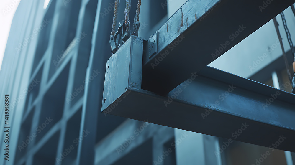 Fototapeta premium Construction worker lifting steel beams for building. Featuring strength and focus