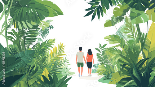 This minimalist illustration depicts the back view of a couple, holding hands, walking along a path surrounded by lush, brightly colored tropical foliage.