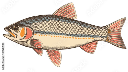A vintage-style detail of a grayling, showing its elongated body and prominent fins, especially its reddish-pink pectoral fins.
