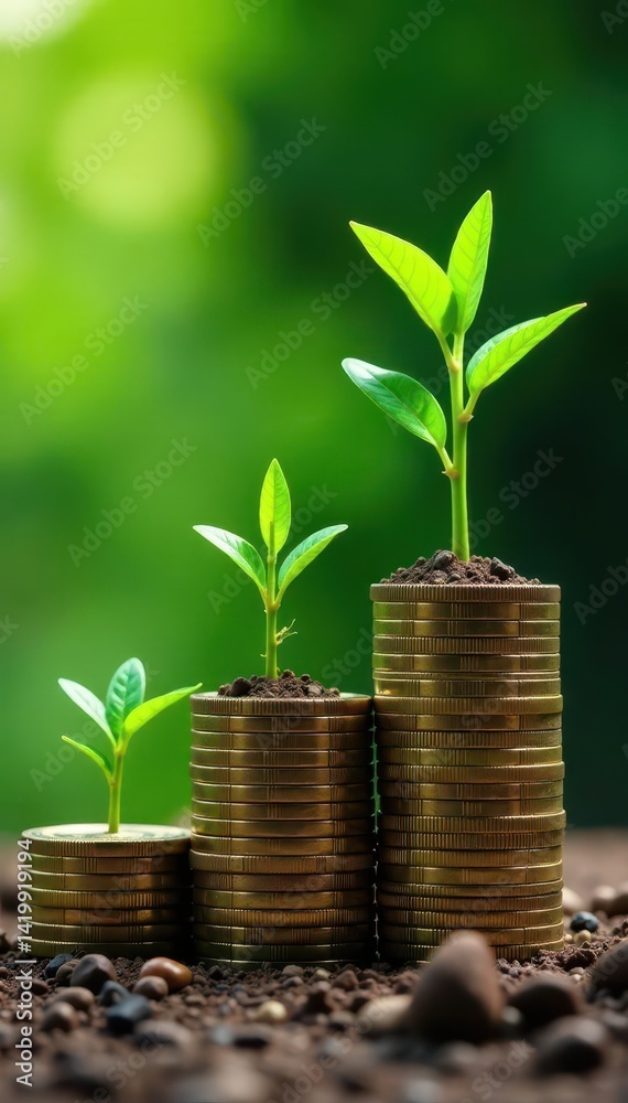 Stacks of coins with lush green plants growing from the top, symbolizing financial growth , increase, leaves Stacks of coins with lush green plants growing from the top, symbolizing financial growth , increase, leaves