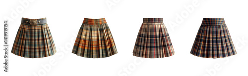 Pleated plaid skirts in various colors.