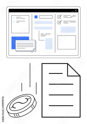 Tablet interface with document layout, checklist, falling coin, and file. Ideal for finance, workflow, digital productivity, office organization, data analysis cloud storage flat simple metaphor