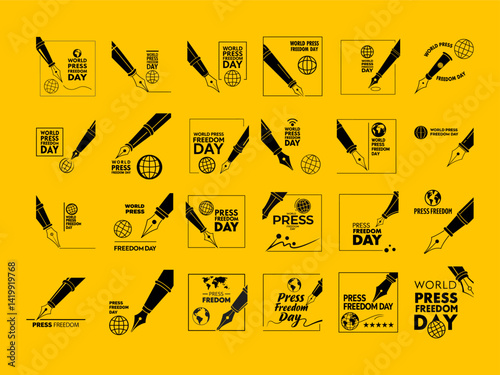 World Press Freedom Day vector illustration, showcasing pens, globes, and symbolic imagery. World Press Freedom Day, also known as World Press Day, aims to raise awareness of the significance of press