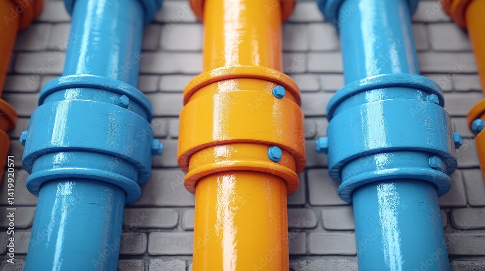 Modern metal tubes and industrial machine pipes form a 3D art background with an abstract orange and blue design style
