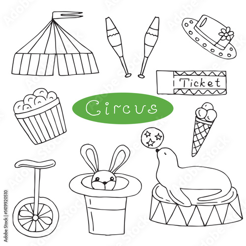 Circus doodle set, hand drawn vector illustration