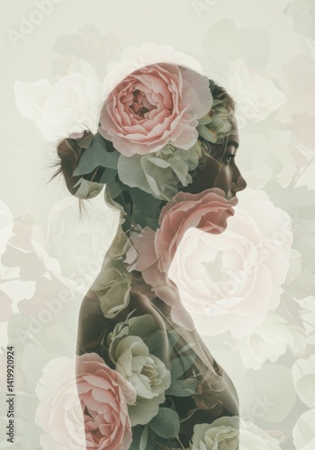 Double Exposure of Woman with Roses and Leaves