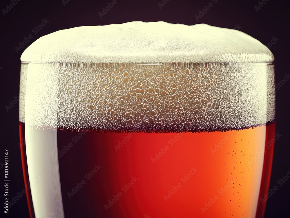 Rich amber beer with a thick, creamy head, captured in a close-up against a dark background. A perfect pour
