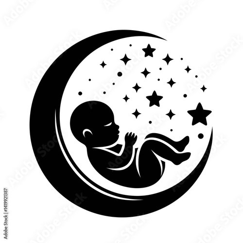 Black silhouette vector of a moon with a sleeping baby inside the curve, nursery logo on white background
