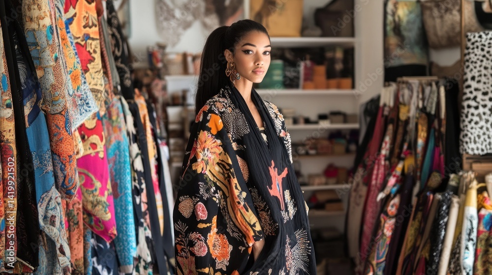Fototapeta premium Woman in Colorful Attire Surrounded by Textiles