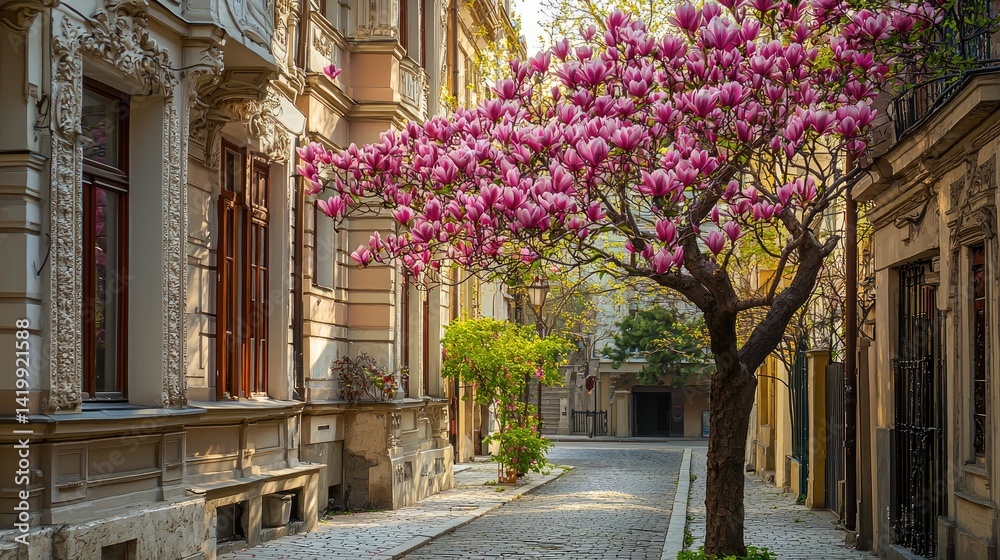 Fototapeta premium Spring blossoms line a charming European alleyway.