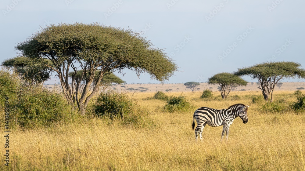 Zebra in African savanna, acacia trees background, wildlife photography, nature Zebra in African savanna, acacia trees background, wildlife photography, nature