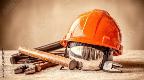 Close-up of orange construction safety helmet with goggles and tools including hammer and wrench on rustic wooden surface, industrial worker safety equipment