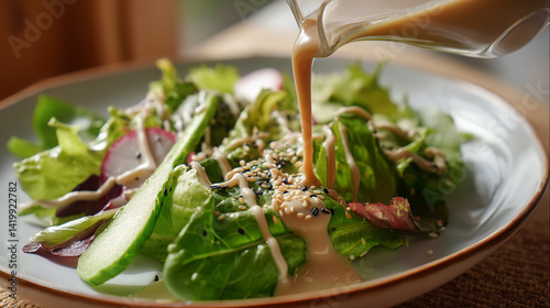 Japanese-style sesame dressing poured over fresh gre