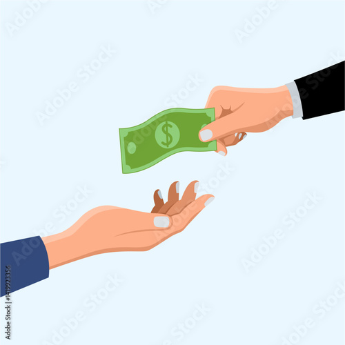 Illustration Of Hands Exchanging Green Dollar Bill for Payment or Donation