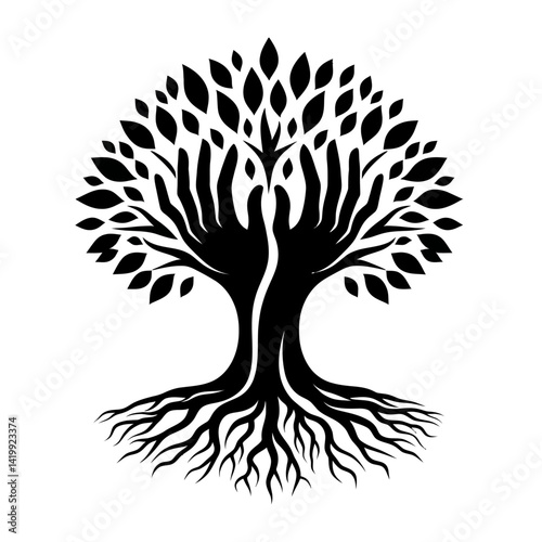 Black silhouette vector of a tree with roots shaped like human hands, clean logo style on white background