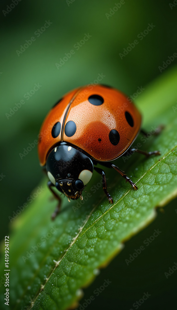 Fototapeta premium Vibrant ladybug delicately perched on lush green leaf soft sunlight. AI Generated