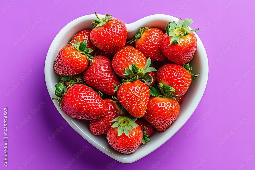 Ripe and juicy red strawberries are situated in a heart-shaped bowl, set against a vibrant purple background, symbolizing love and fresh fruit Ripe and juicy red strawberries are situated in a heart-shaped bowl, set against a vibrant purple background, symbolizing love and fresh fruit