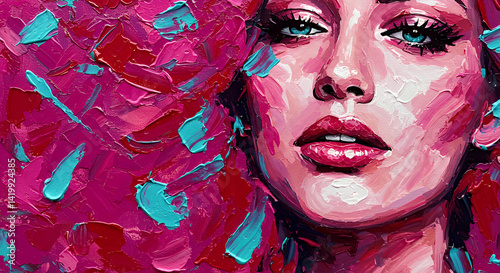 Vibrant Impasto Portrait of a Woman with Pink and Teal Abstract Background