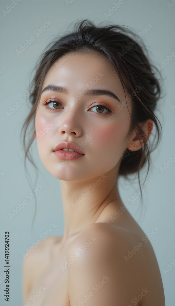 Fototapeta premium Soft light illuminates serene woman portrait gentle peach tones. AI Generated