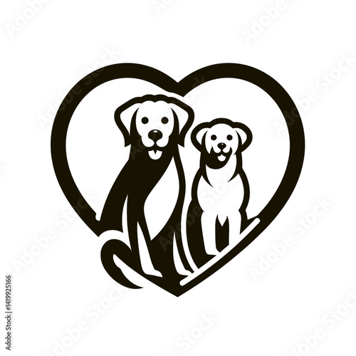 Dog sitting inside a heart shape logo on white background