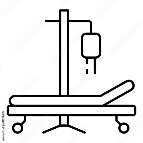 Hospital bed with dropper thin line icon, blood transfusion concept. Vector graphics. Blood dropper and bed sign on white background, linear style for mobile or design.
